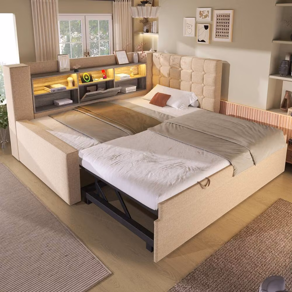 Rolipo Upholstered Single Daybed with Trundle and USB Charging Port in Beige, W/D/H: 190 x 90 x 91.44 cm – 5