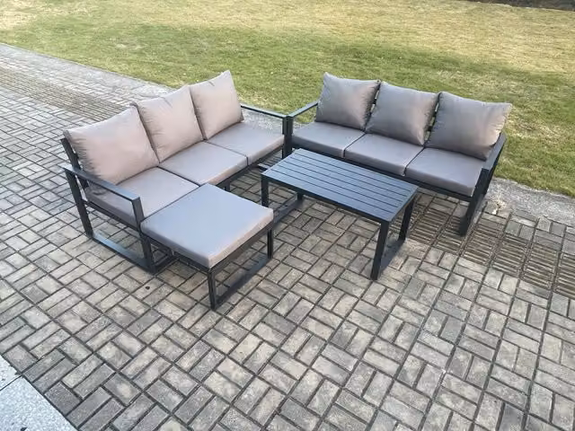Fimous 4 Piece L-Shape Outdoor Garden Furniture Set in Dark Grey with Powder Coated Aluminium Frame, 3-Seater Sofa, 2-Seater Sofa, Coffee Table and Ottoman