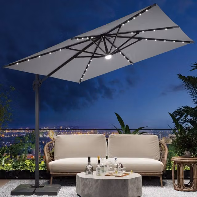 Breeins Grey Cantilever Parasol Set with LED Lights and Rotating Base
