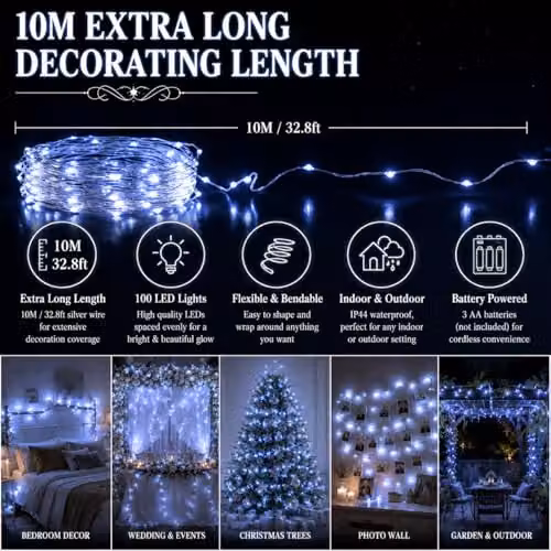 SHATCHI 100 LED Cool White Battery Operated Fairy String Lights with Silver Wire, 10m Length, Waterproof IP44 for Indoor and Outdoor Decoration – 7