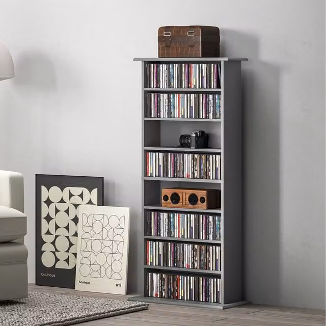 HOMCOM Grey Modern CD and DVD Storage Unit with Adjustable Shelves and Media Compartments