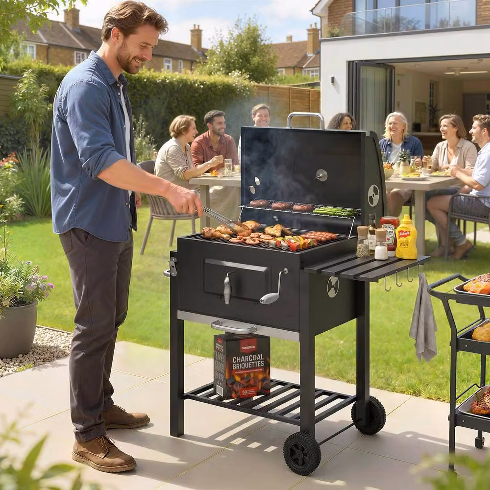 Rolipo Charcoal Grill with Height-Adjustable Coal Pan, Warming Rack and Thermometer, Black – 3