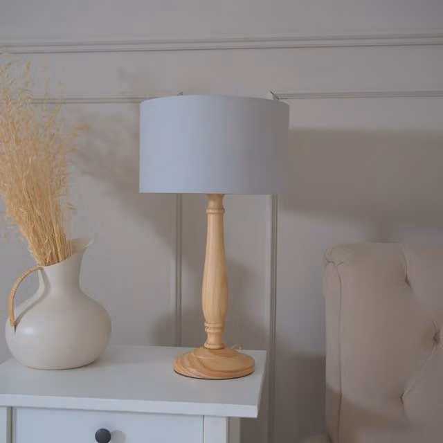 ValueLights Victoria Light Wood Table Lamp with Grey Fabric Drum Shade