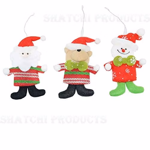Shatchi 3-Piece Handmade Christmas Tree Hanging Decorations featuring Santa, Snowman and Reindeer, Multicolour