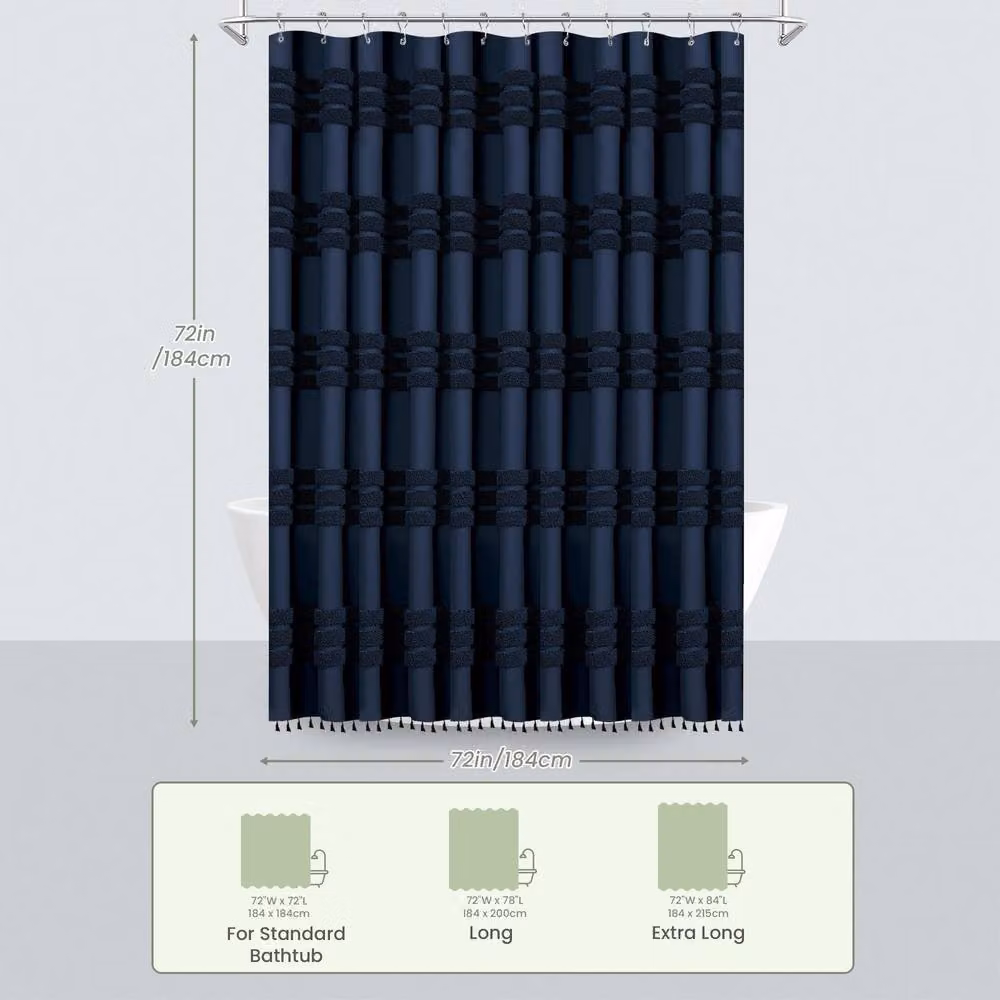 INHOUSOLU HOME DECOR Blue Tufted Boho Shower Curtain with Tassels and Eyelets, Width: 184 cm – 3