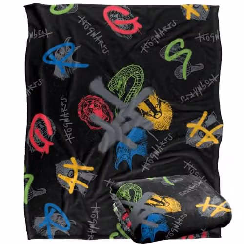 LOGOVISION Harry Potter Graffiti Pattern Fleece Blanket, Multicolour and White, W: 152 cm, D: 127 cm – 1