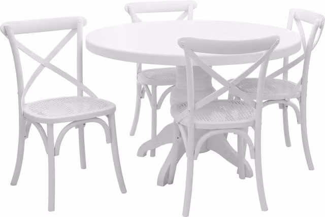 Orsina Modern White Round 5 Piece Dining Set with Wood and Rattan Chairs, Diameter: 120 cm