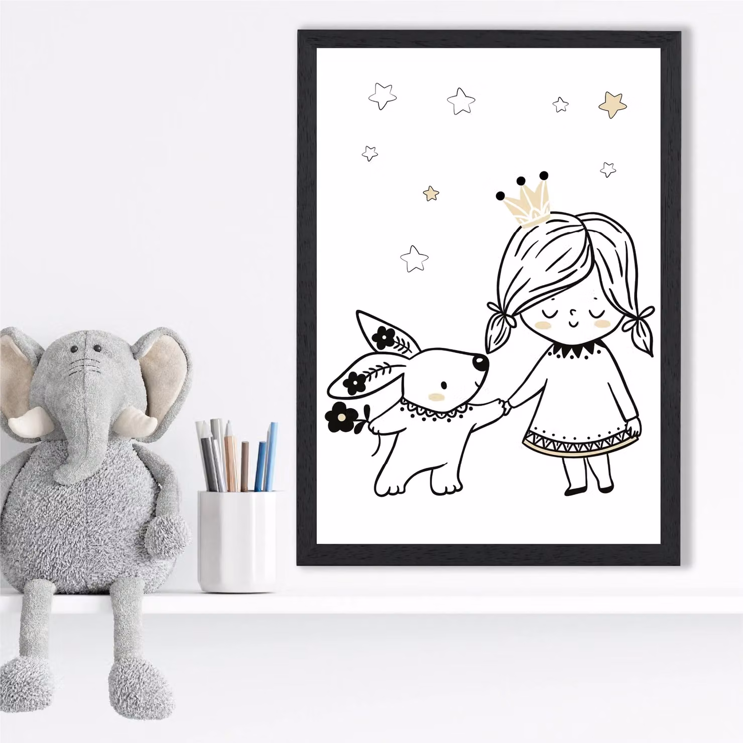 ARTZE Scandi Princess Little & Rabbit Framed Print, Black Frame, A3 – 2