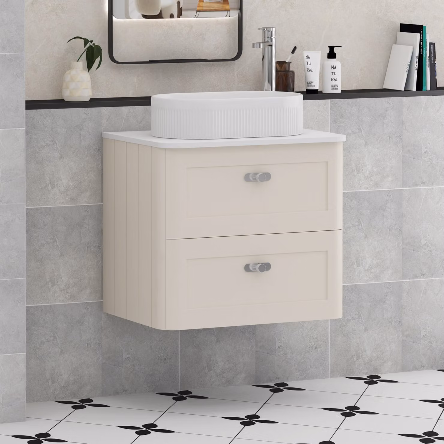 Royal Bathrooms Henley 600mm Wall Hung Vanity Unit in Mushroom Cashmere with Lyon Basin and Plain White Worktop
