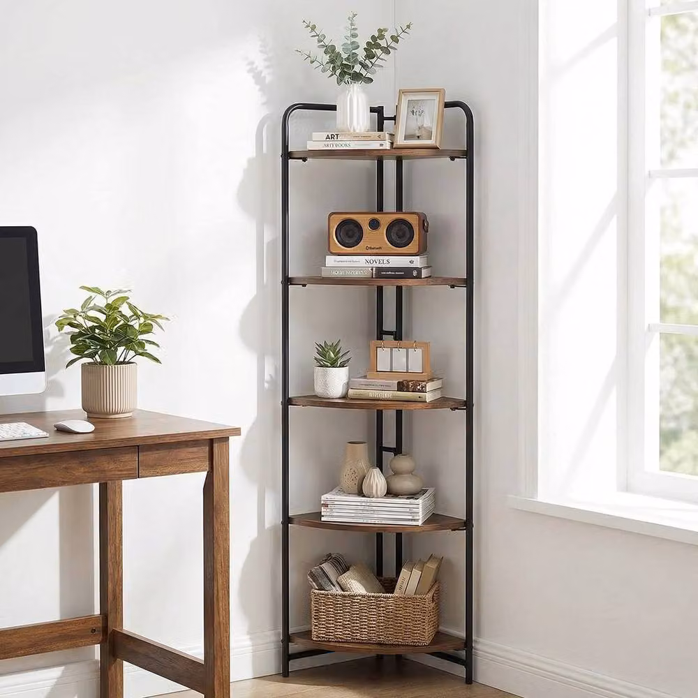 VOGREX 5-Tier Foldable Freestanding Corner Display Shelf in Brown Metal – 2