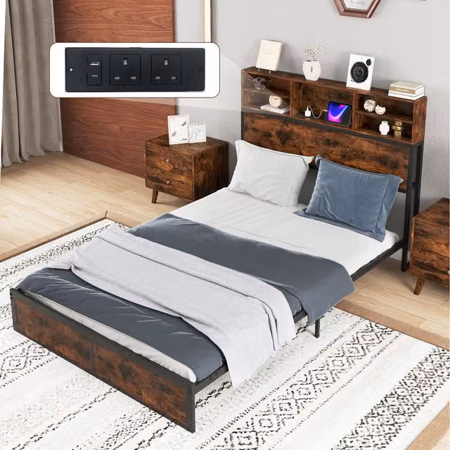 Costway Industrial Metal Slats Support Platform Bed Base with USB Charging Port and Side Compartments in Brown