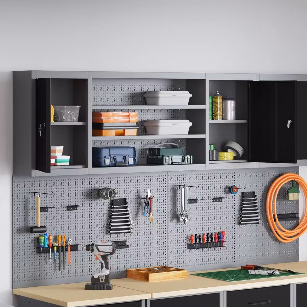 Berkfield Home Wall-Mounted Steel Tool Cabinet with Pegboard and Hinged Doors, Black, W: 150 cm, D: 20 cm, H: 55 cm – 2