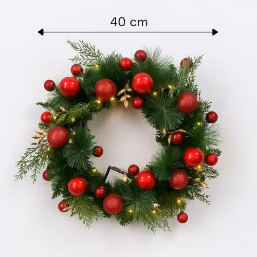 Christmas Shop Pre-Lit Christmas Wreath with LED Lights in Green, Red and Gold, Diameter: 40 cm – 3