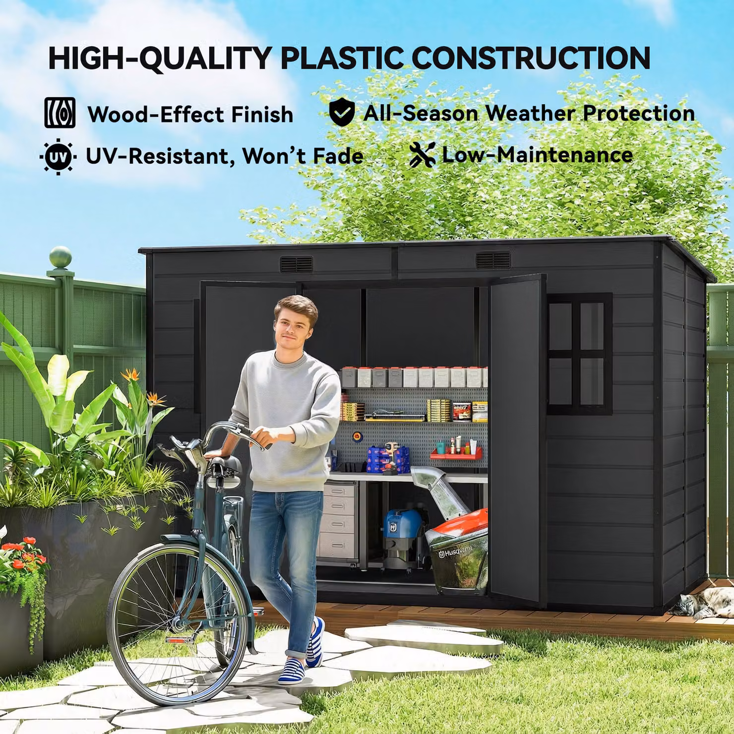 Outsunny Dark Grey Resin Garden Storage Shed with Floor, Windows, Lockable Double Doors and Side Vents, W/D/H: 305 x 184 x 184 cm – 6