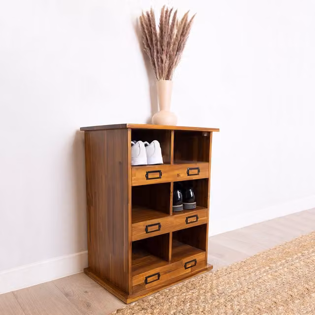 Charnwood Modern Acacia Wood Freestanding Shoe and Boot Locker with Hinged Doors and Internal Shelves, Black and Brown
