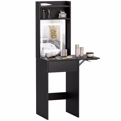 HOMCOM Modern Black Drop Leaf Dressing Table with Hollywood LED Mirror and Storage Shelves, W/D/H: 152 x 45 x 45 cm