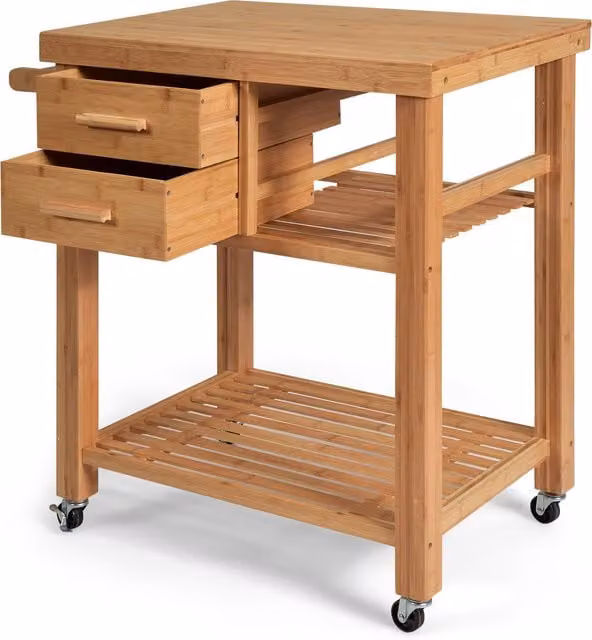 Costway Minimalist Rolling Bamboo Kitchen Island Cart in Brown
