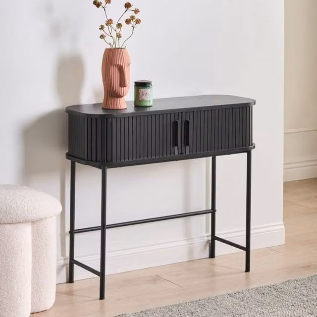 Wyld and Coco Retro Black MDF and Metal Console Table with Sliding Cabinet W: 80 cm, D: 30 cm, H: 70 cm – 1