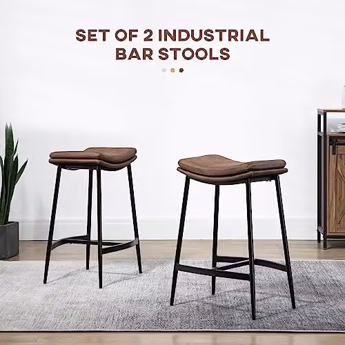 HOMCOM Set of 2 Brown Microfibre Upholstered Industrial Bar Stools with Metal Frame – 3