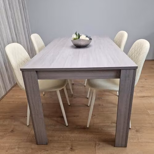 KOSY KOALA Grey Dining Table with 4 Cream Stitched Chairs Set, W/D/H: 140 x 80 x 75 cm