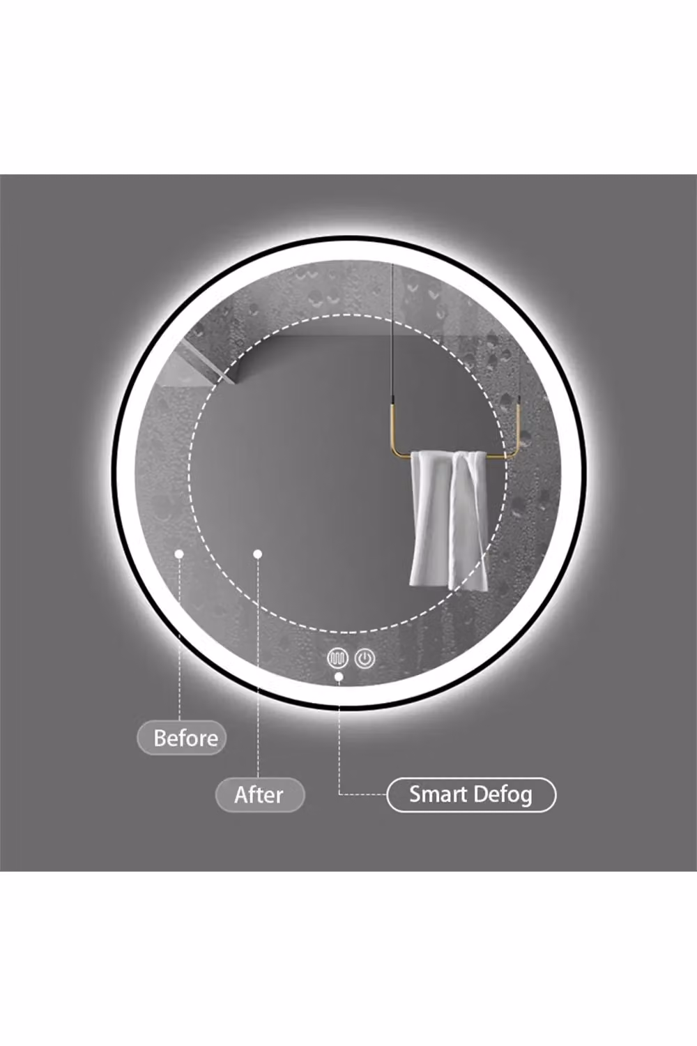 Living and Home Black Round LED Bathroom Wall Mirror with Touch Control and Demister, Diameter: 60 cm – 3