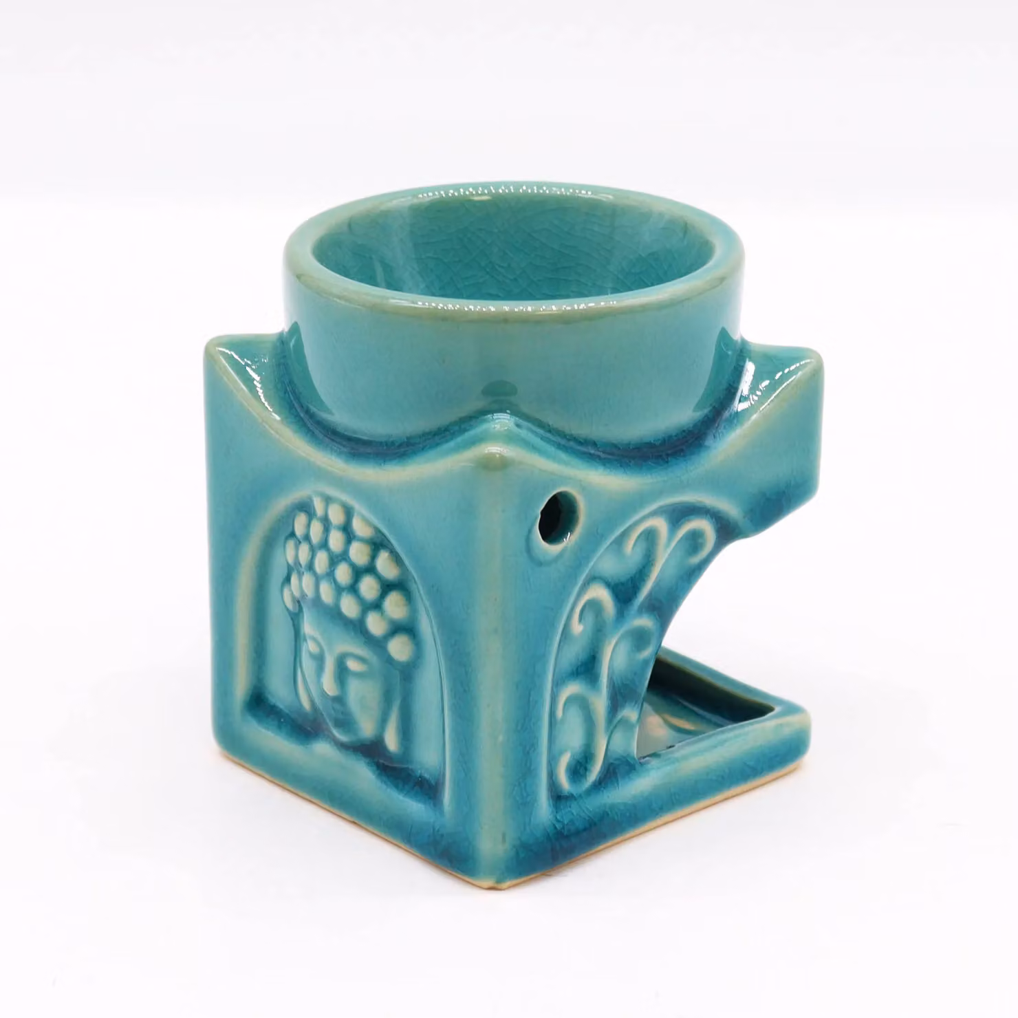 KDMD Square Ceramic Buddha Tealight Oil Lamp in Soft Turquoise Blue – 2