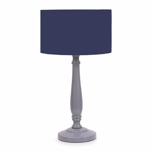 ValueLights Traditional Grey Wood Table Lamp with Blue Fabric Drum Shade and LED Bulb – 1