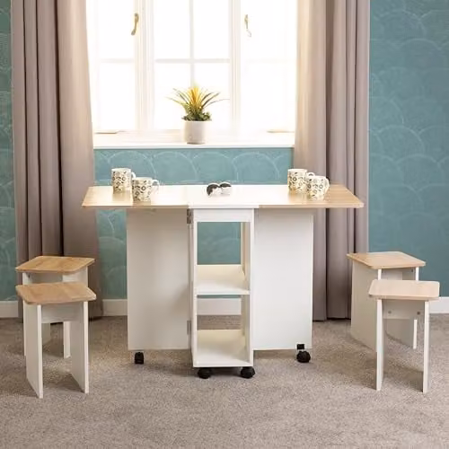 Seconique Seymore Stowaway White Dining Table and 4 Stools Set with Drop Leaf and Telescopic Pull Out Feature