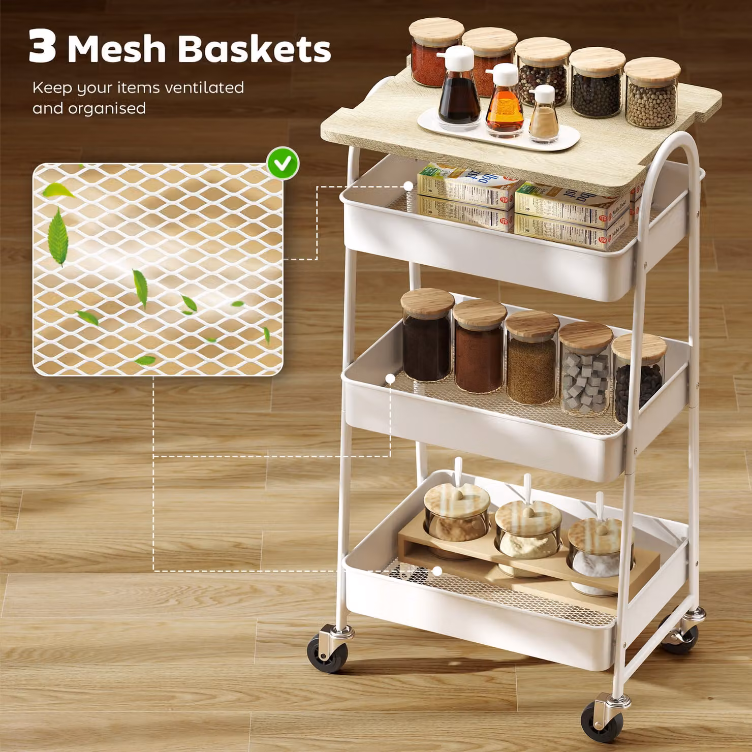 HOMCOM 3-Tier Kitchen Storage Trolley with Wheels and Cover Top Board in White and Oak – 2
