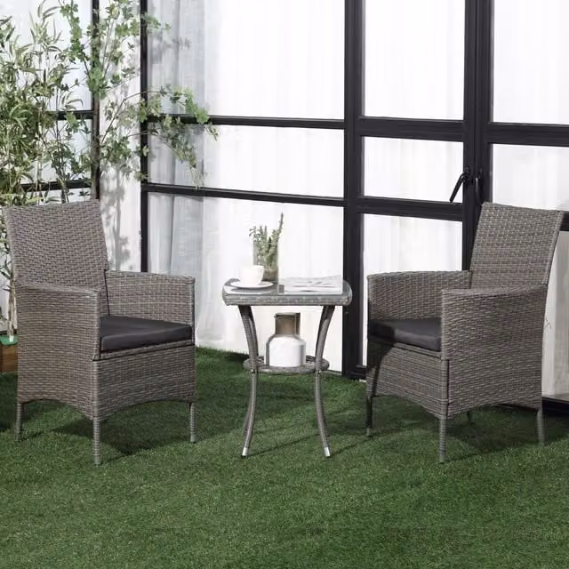 OUTSUNNY 3-Piece Rattan Bistro Set with Glass Top Table and Chairs in Light Grey – 1