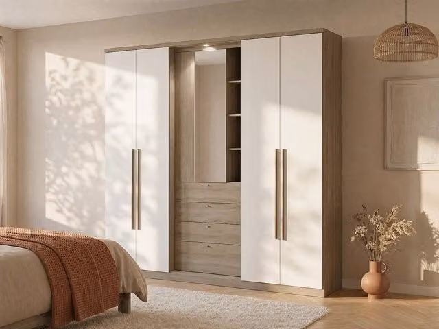 Vente-unique Modern 4-Door Wardrobe with Internal Drawers, Mirror and LED Lighting in Light Oak and White, W: 240 cm, H: 231 cm, D: 53.8 cm