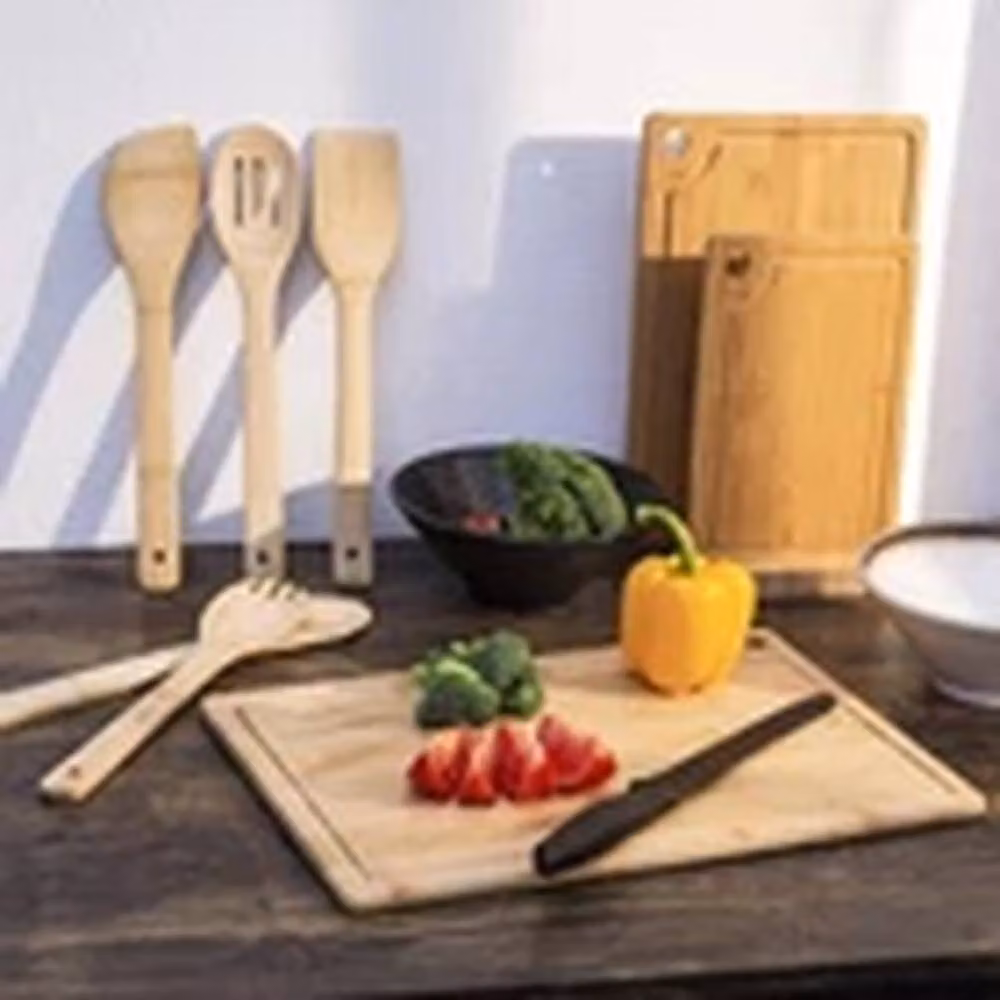 EONLION Natural Bamboo 3-Piece Rectangular Chopping Board Set with Stand and 5 Utensils in Brown and Beige – 3