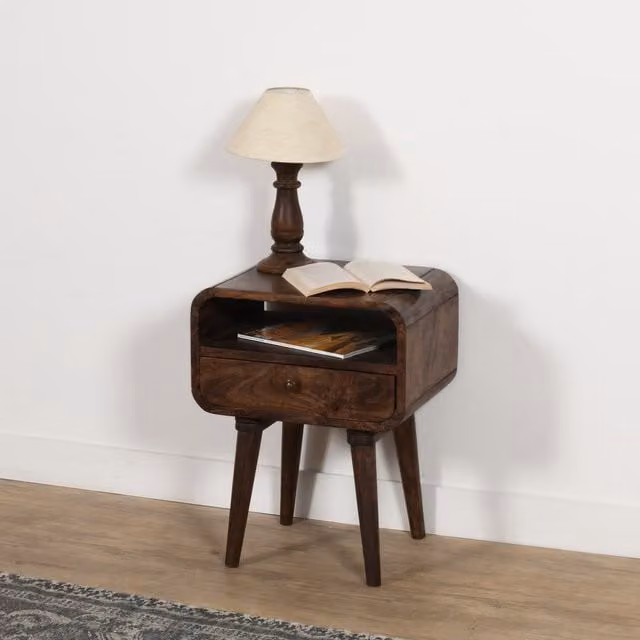 IH Design Malena Dark Mango Wood Bedside Table with Drawer in Brown, W/D/H: 35 x 45 x 58 cm
