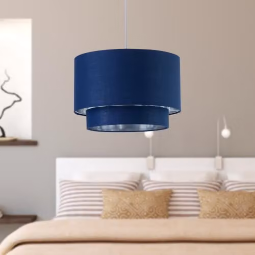 First Choice Lighting Kozy Set of 2 Modern Cylinder Fabric Pendant Shades in Navy Blue and Silver, Diameter: 30 cm – 4