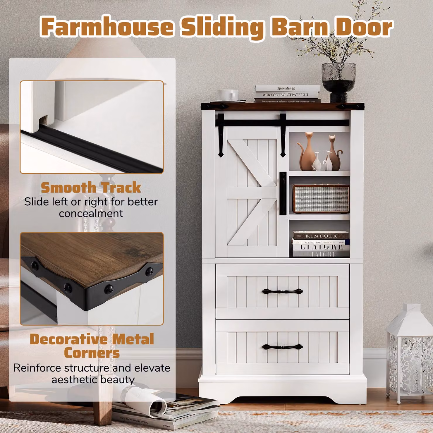 Gymax White Farmhouse Style Freestanding Bathroom Floor Cabinet with Sliding Doors, Internal Drawers and Shelves – 6