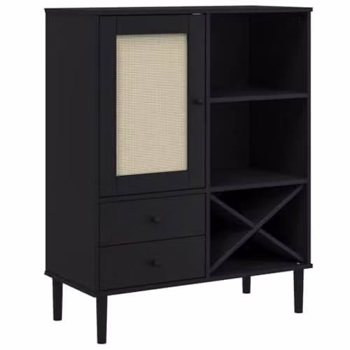vidaXL SENJA Highboard in Black Rattan Look Solid Pine Wood with Hinged Doors and Internal Drawers, W/D/H: 90 x 40 x 112 cm