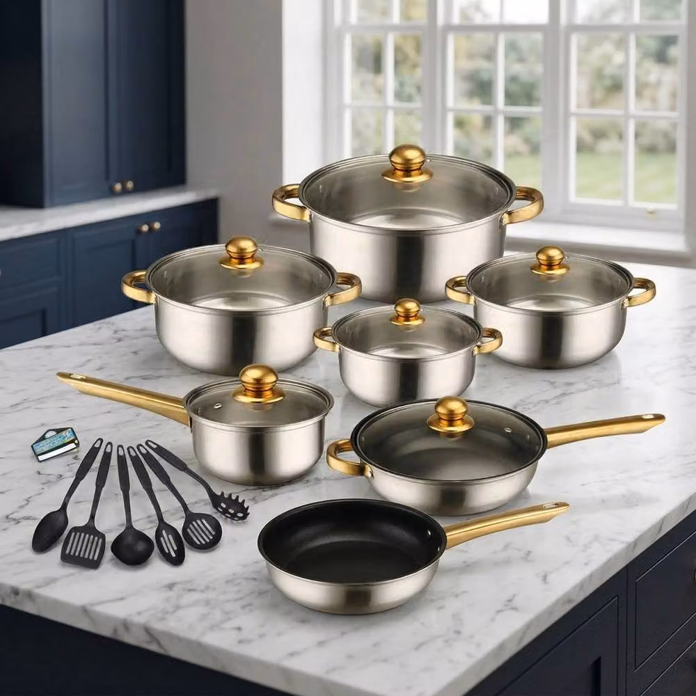 VOGREX 18-Piece Non-Stick Stainless Steel Cookware Set with Glass Lids in Silver – 2