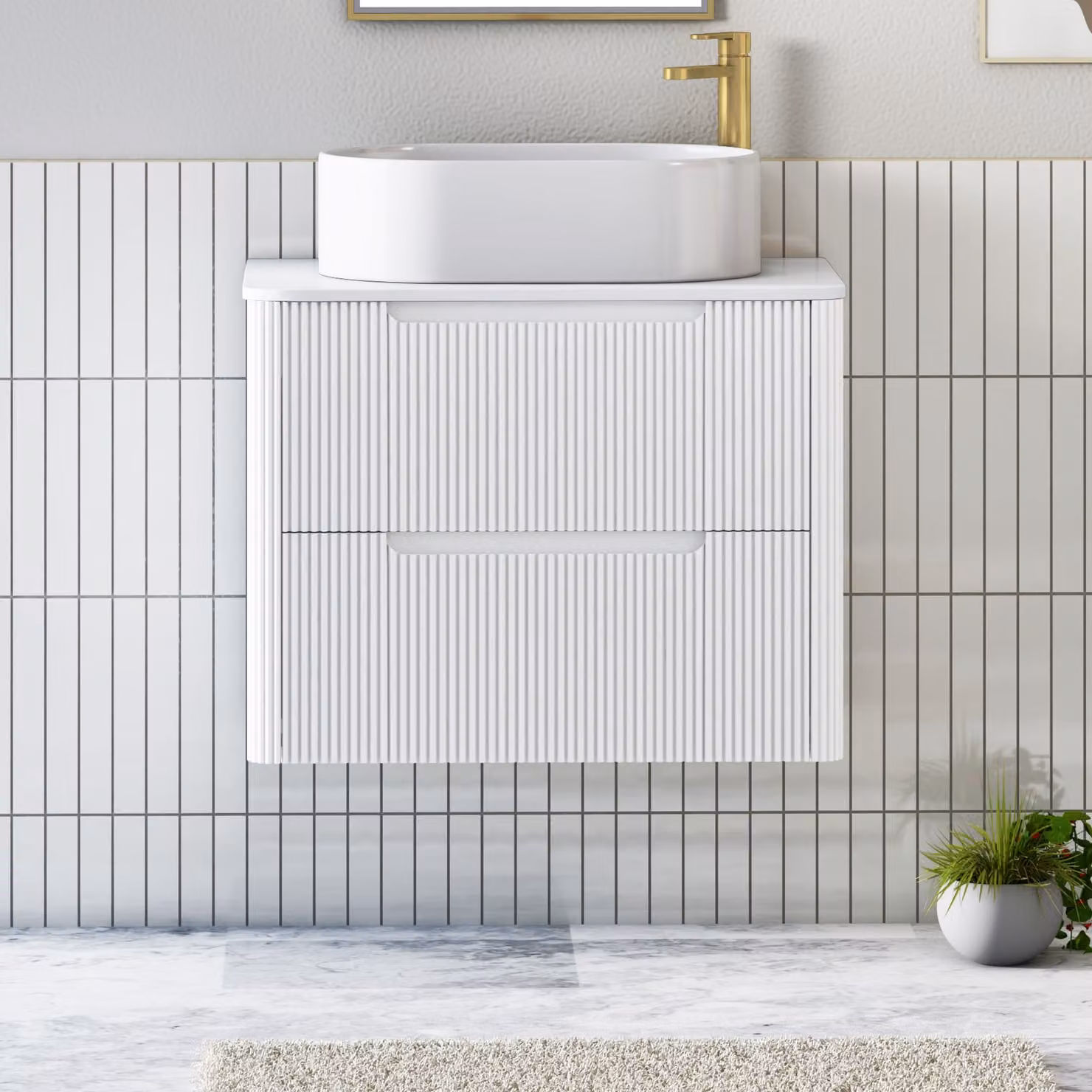 Royal Bathrooms Avenza 600mm Matt White Wall Hung Vanity Unit with 2 Drawers, Plain White Worktop and Peak Basin