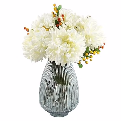 Leaf Design UK Artificial Chrysanthemums in White and Orange with Grey Glass Vase, H 50 cm x W 40 cm x D 40 cm