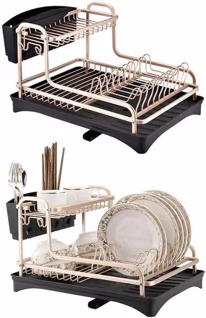 Kelvenix 2 Tier Gold and Black Aluminium and Stainless Steel Dish Drainer Rack with Cutlery Holder