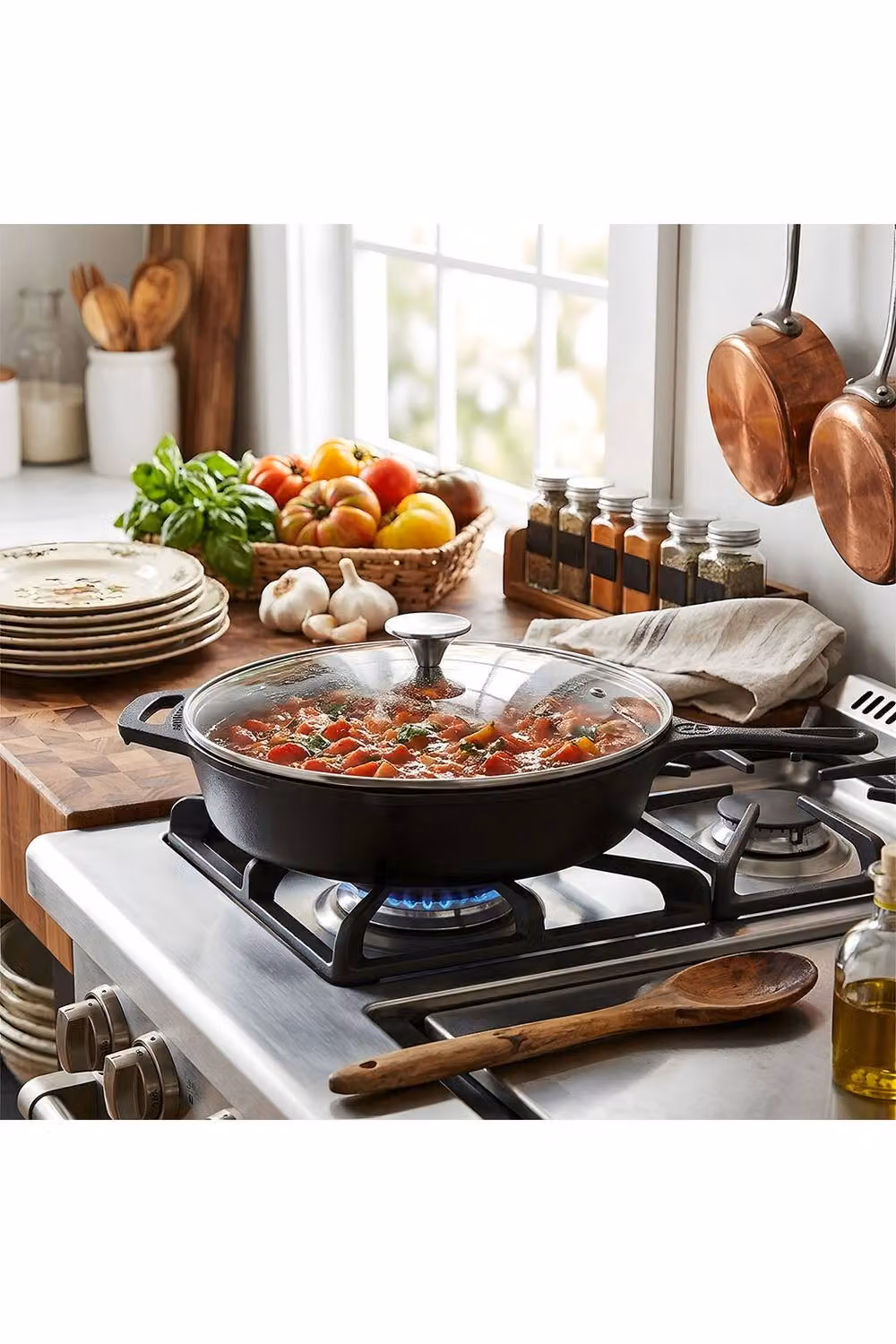 Living and Home Uncoated Cast Iron Frying Pan with Glass Lid and Handle in Black – 2