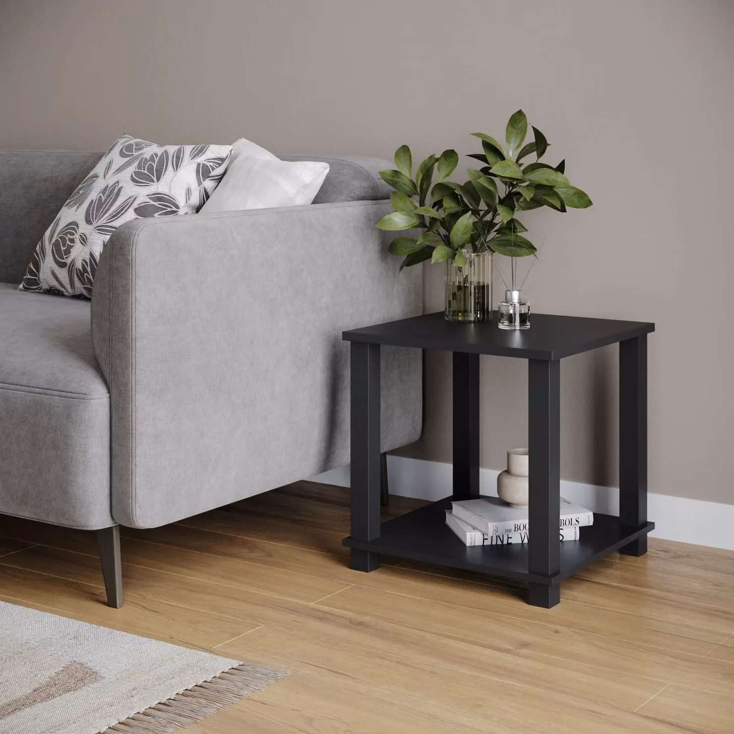 EONLION 2 Tier S-Tube Black Wood End Table and Bedside Nightstand with Storage Shelf – 3