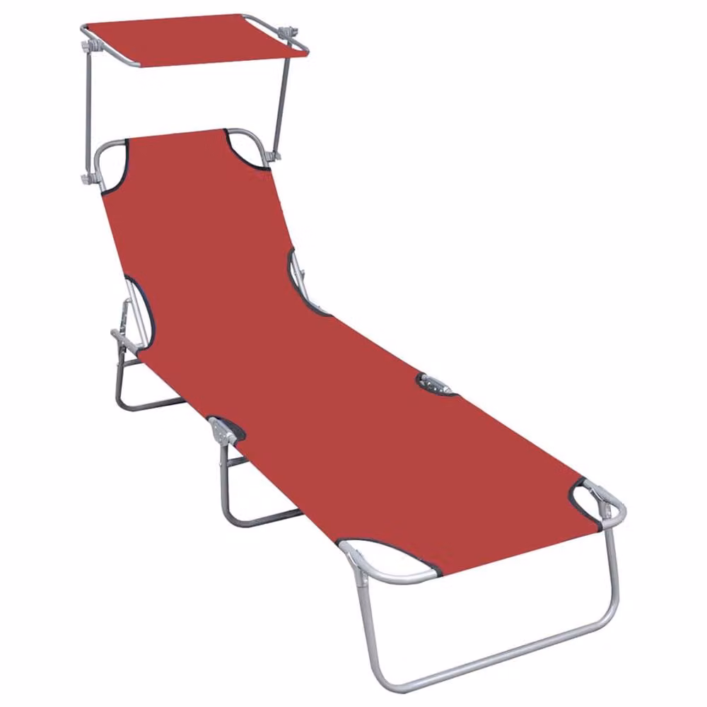 Berkfield Home Red Folding Sun Lounger with Canopy and Powder Coated Aluminium Frame – 2