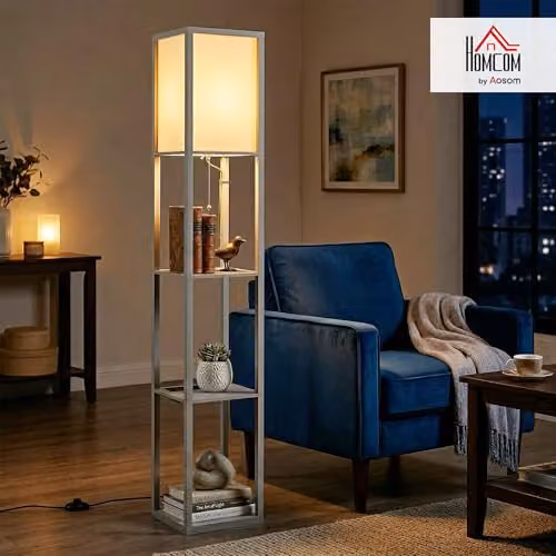 HOMCOM Modern 3-Tier Floor Lamp with Storage Shelves and LED Light in Grey – 2