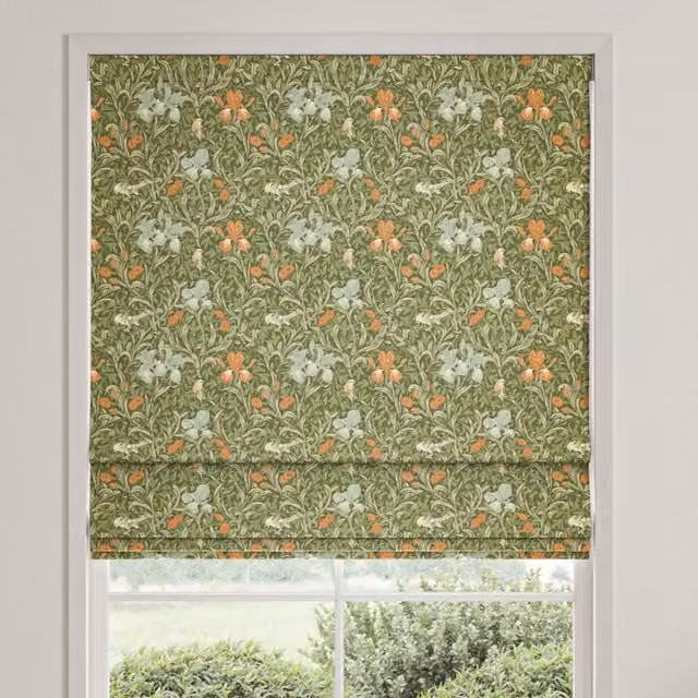 William Morris Iris Made To Measure Blackout Roman Blind in Moss Green Floral Design