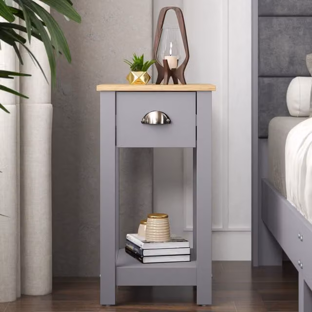 Galano Lilly Slim Side Table with Storage Drawer, Cool Grey, W: 35.0 cm, D: 32.0 cm, H: 59.5 cm