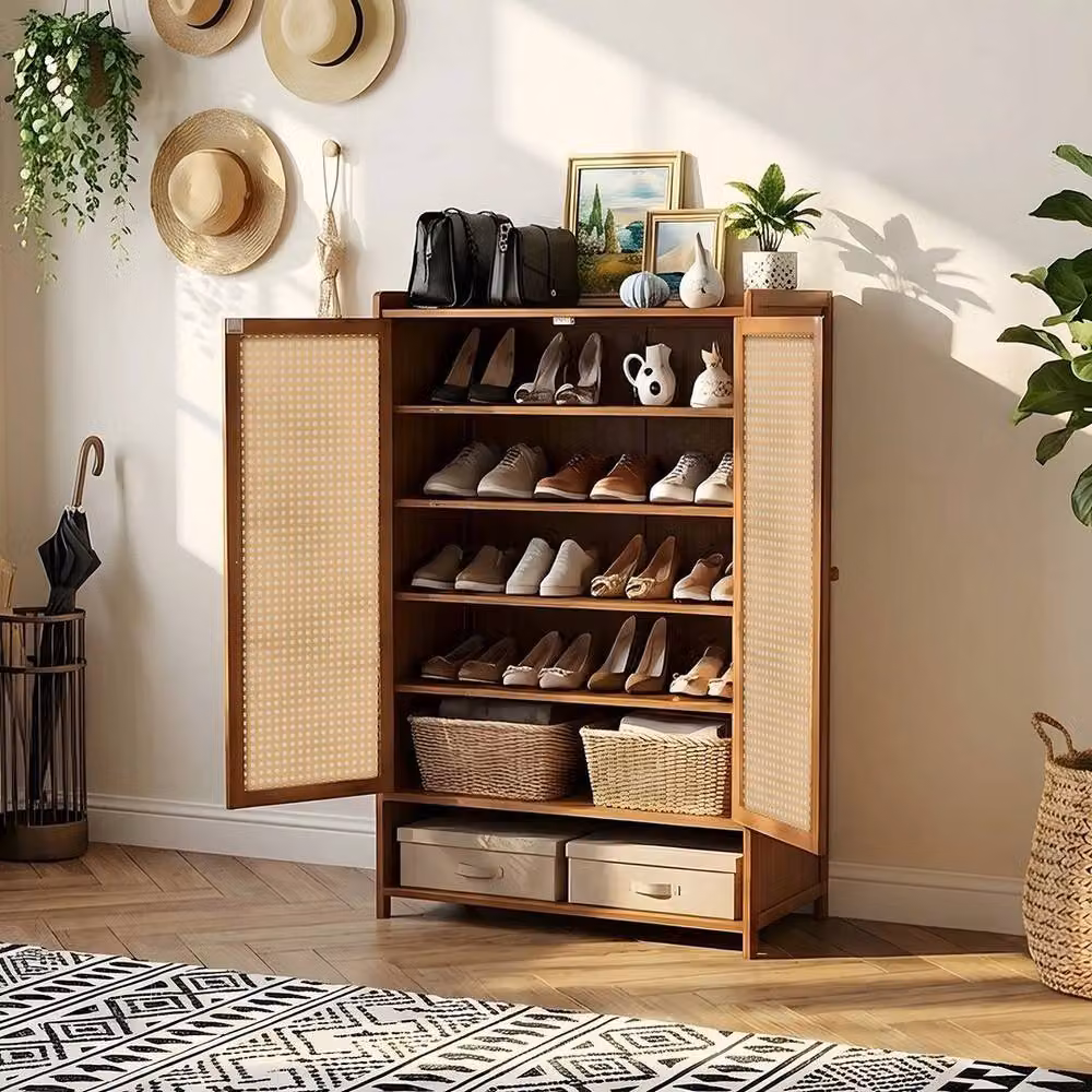 KORVIXA 7 Tier Shoe Cabinet Storage Organiser with 2 Doors in Natural Wood, W/D/H: 100 x 100 x 100 cm – 4