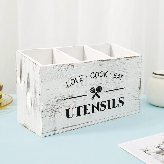 FORGEVIO Freestanding Wooden Kitchen Utensil Holder, White, H: 30.0 cm, W: 17.5 cm, D: 1.0 cm