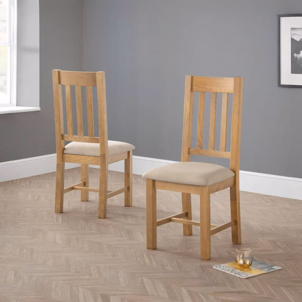 Cheshire Ellington Set of 2 Classic Upholstered Dining Chairs in Beige with Waxed Oak Wood Frame – 3