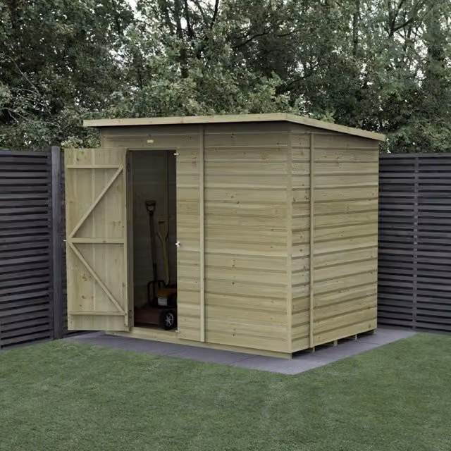 Forest Garden Shiplap Pent Shed with Single Door, Green or Brown, W: 213.36 cm, D: 152.4 cm